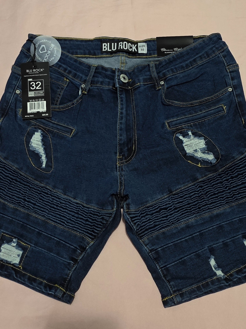 Men's Distressed Dark Blue Denim Shorts - Size 32